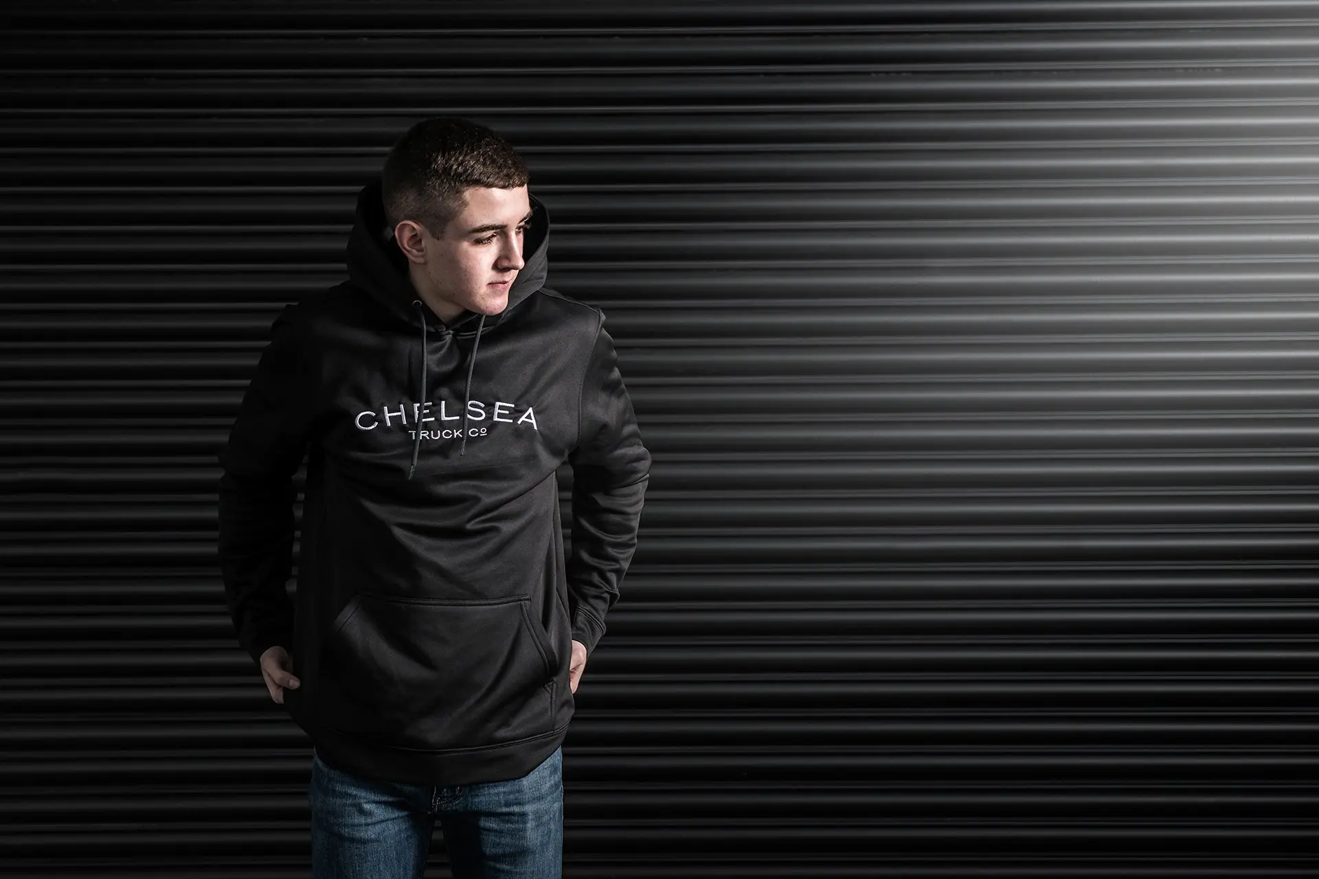 Men's Black with White Embroidery Chelsea Truck Co Hoodie - Image 3