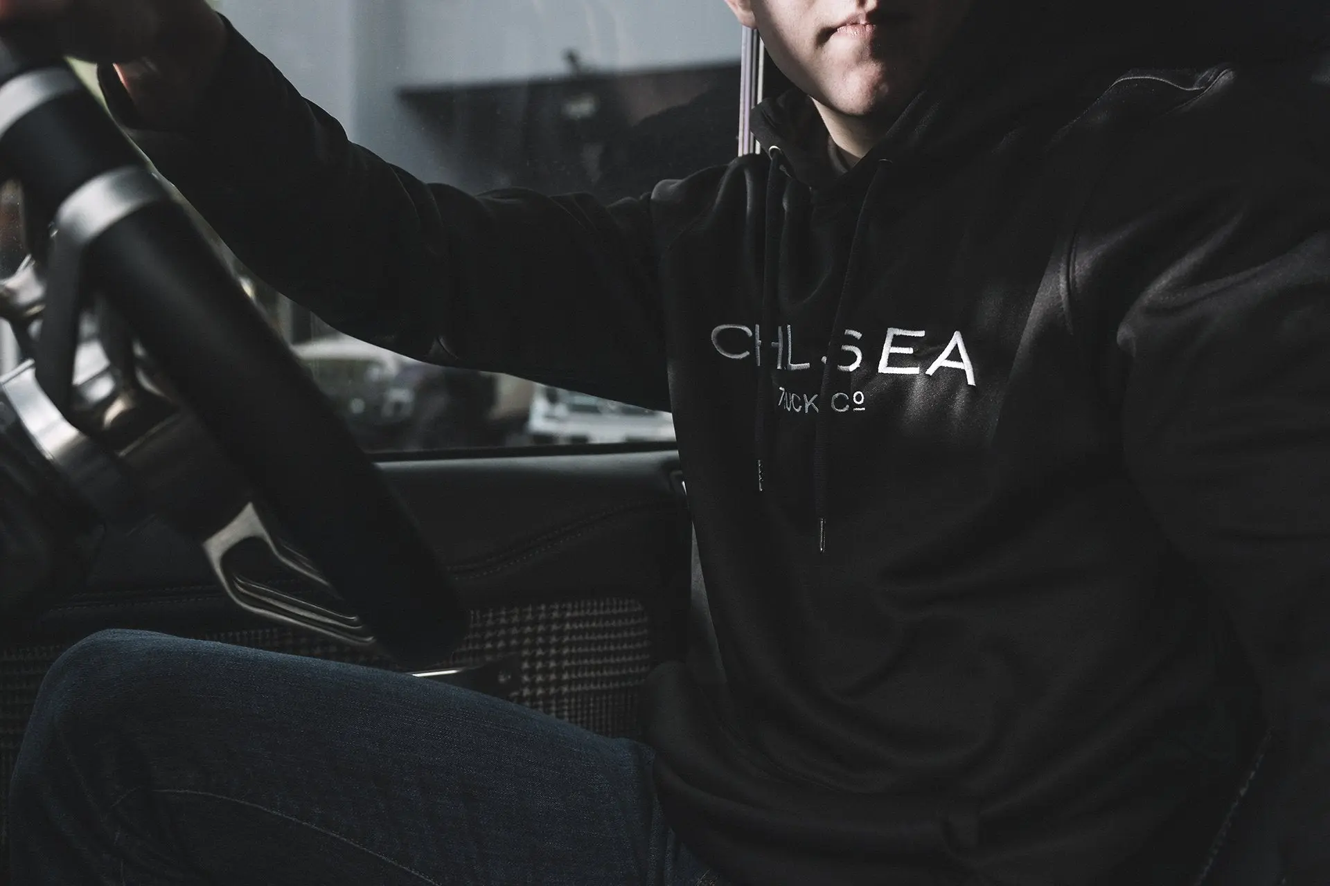 Men's Black with White Embroidery Chelsea Truck Co Hoodie - Image 4