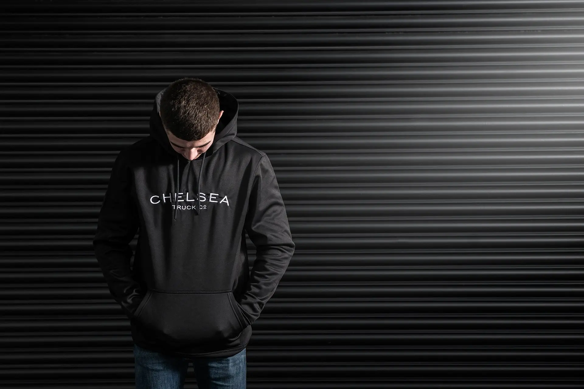 Men's Black with White Embroidery Chelsea Truck Co Hoodie - Image 5