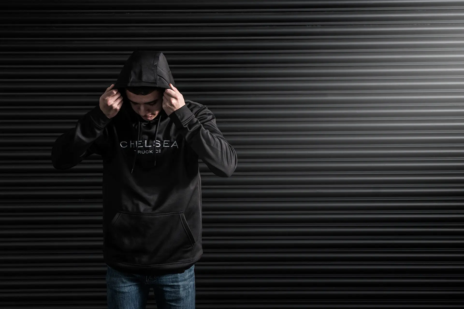 Men's Black with White Embroidery Chelsea Truck Co Hoodie - Image 6