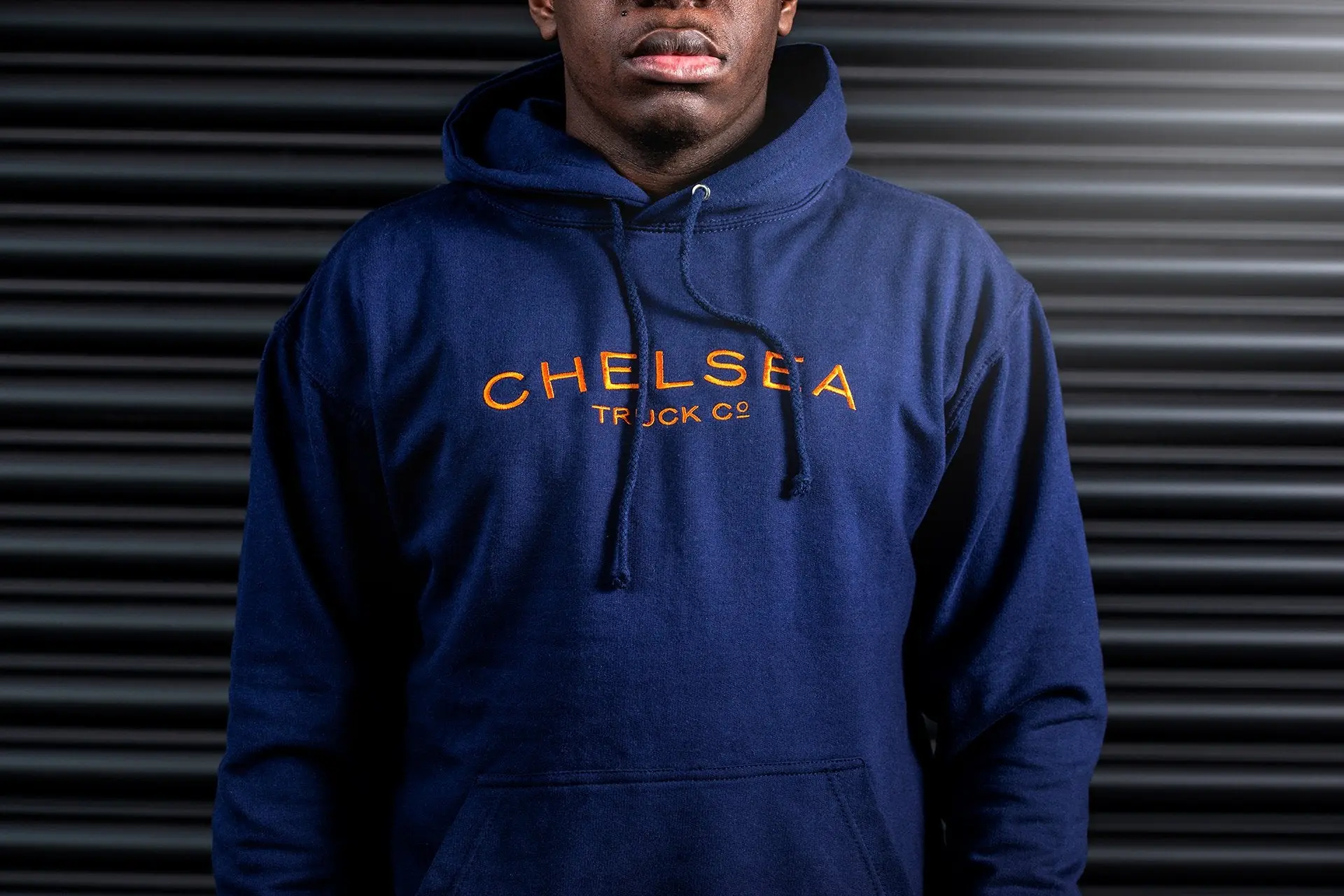 Men's Navy with Burnt Orange Embroidery Chelsea Truck Co Hoodie - Image 3